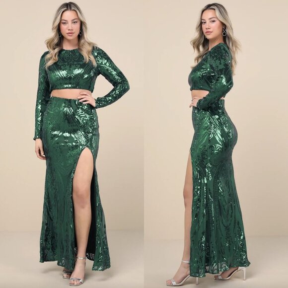Lulu's Dark Emerald Forest Green Sequin Long Sleeve 2 Pc Maxi Dress Formal Set - Picture 9 of 9